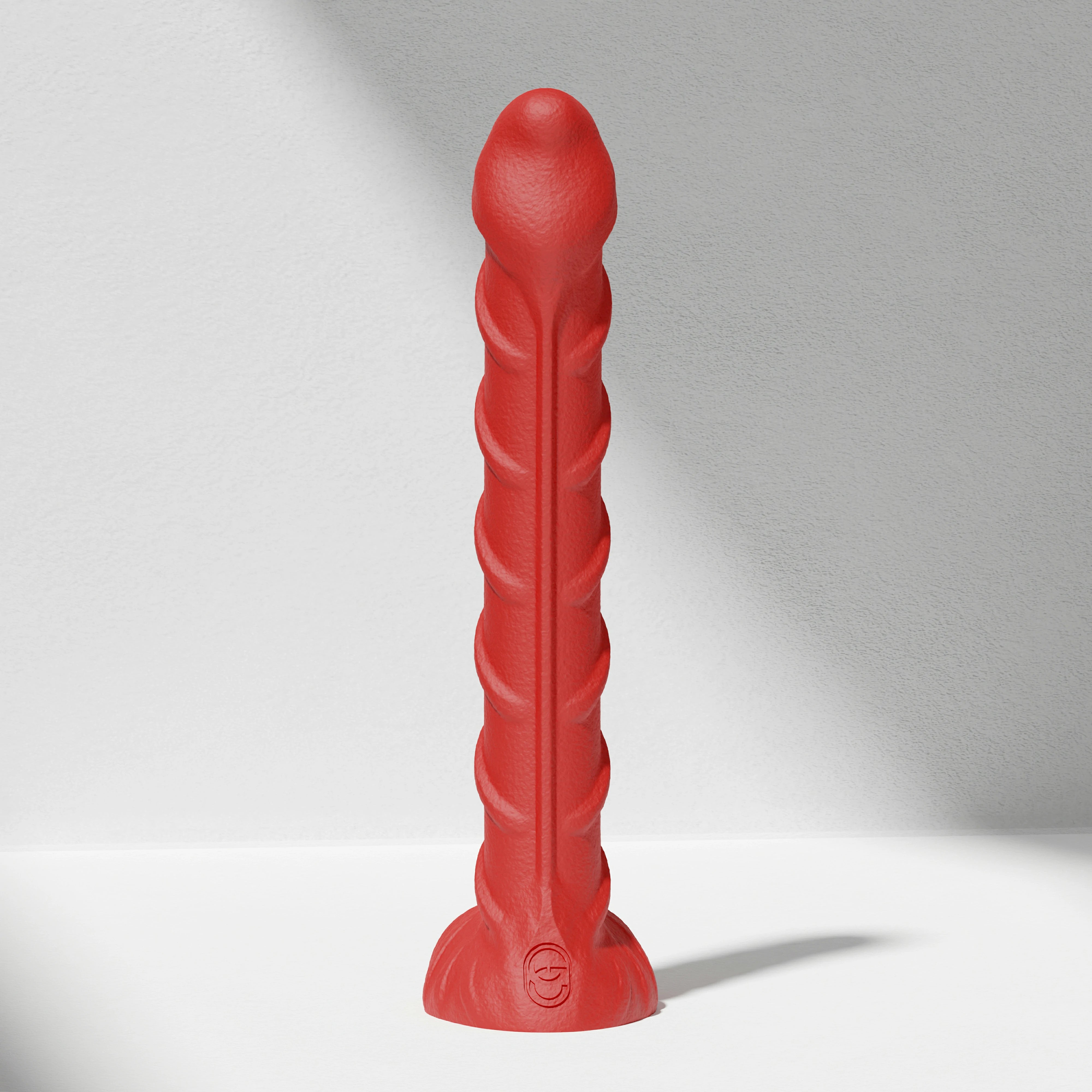 GreedyCluster REBAR DILDO curved steel-wand silicone dildo in Scarlett