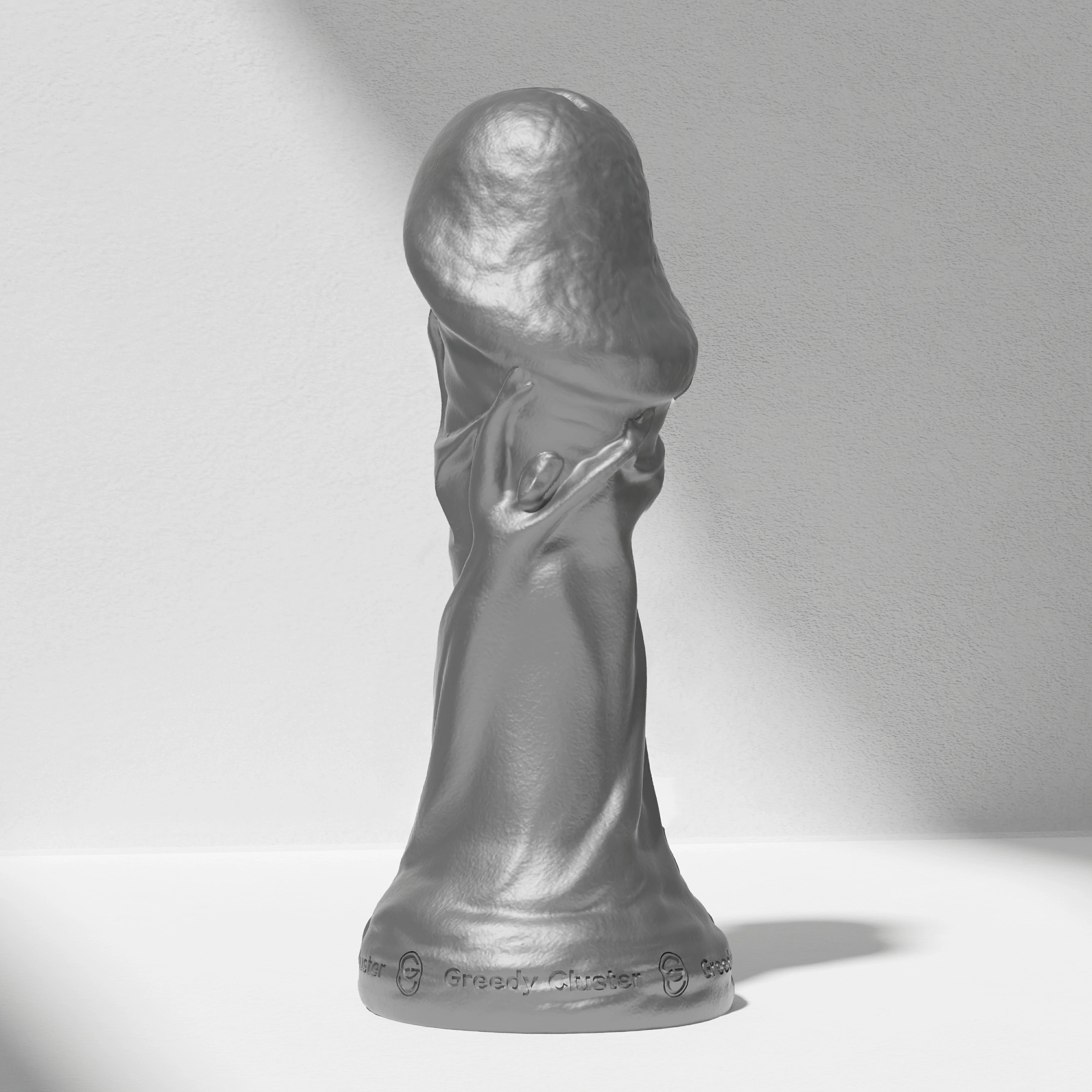 GreedyCluster TROPHY DILDO fantasy silicone dildo, metallic silver sculpted design