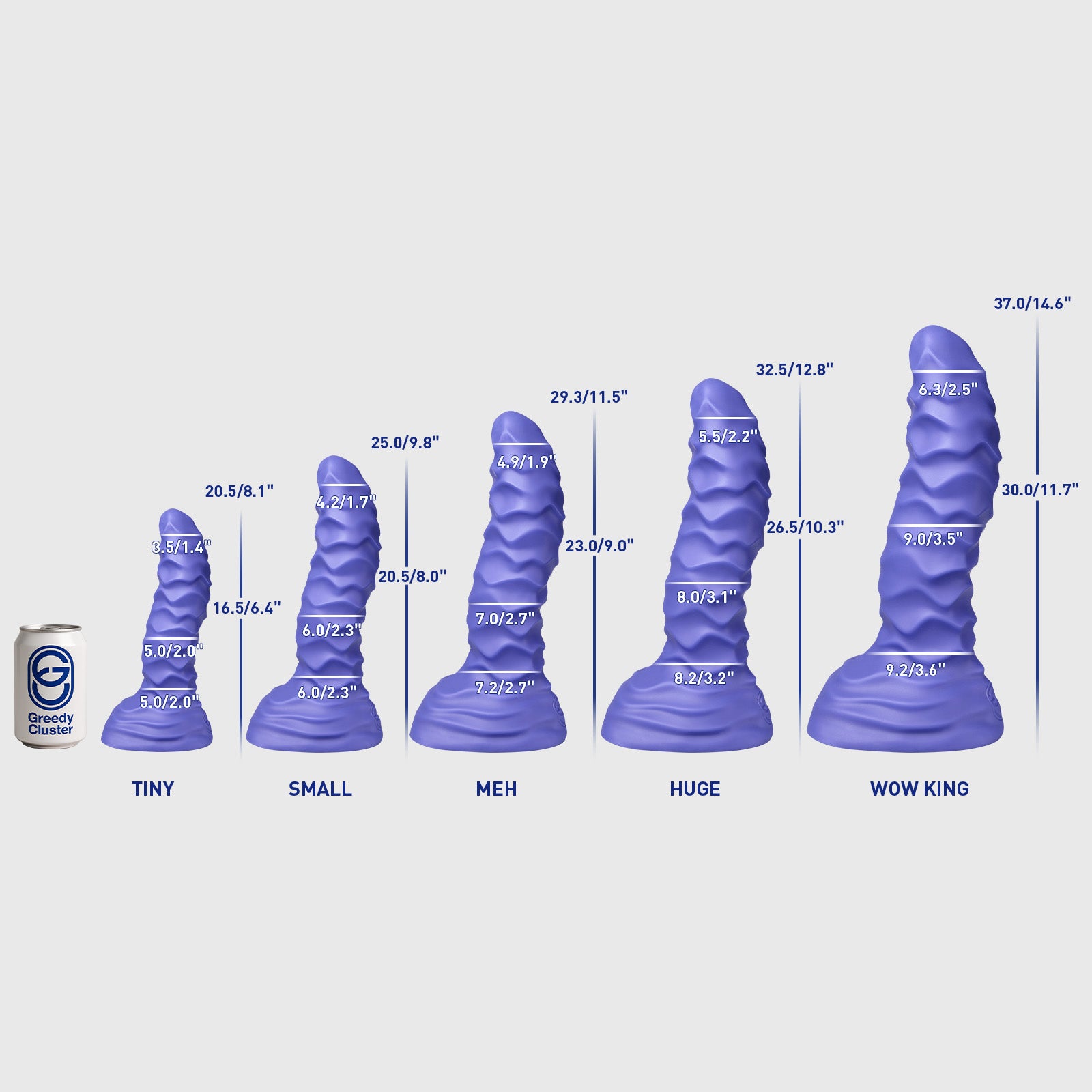 GreedyCluster ABADDON textured fantasy dildo size chart from TINY to WOW KING