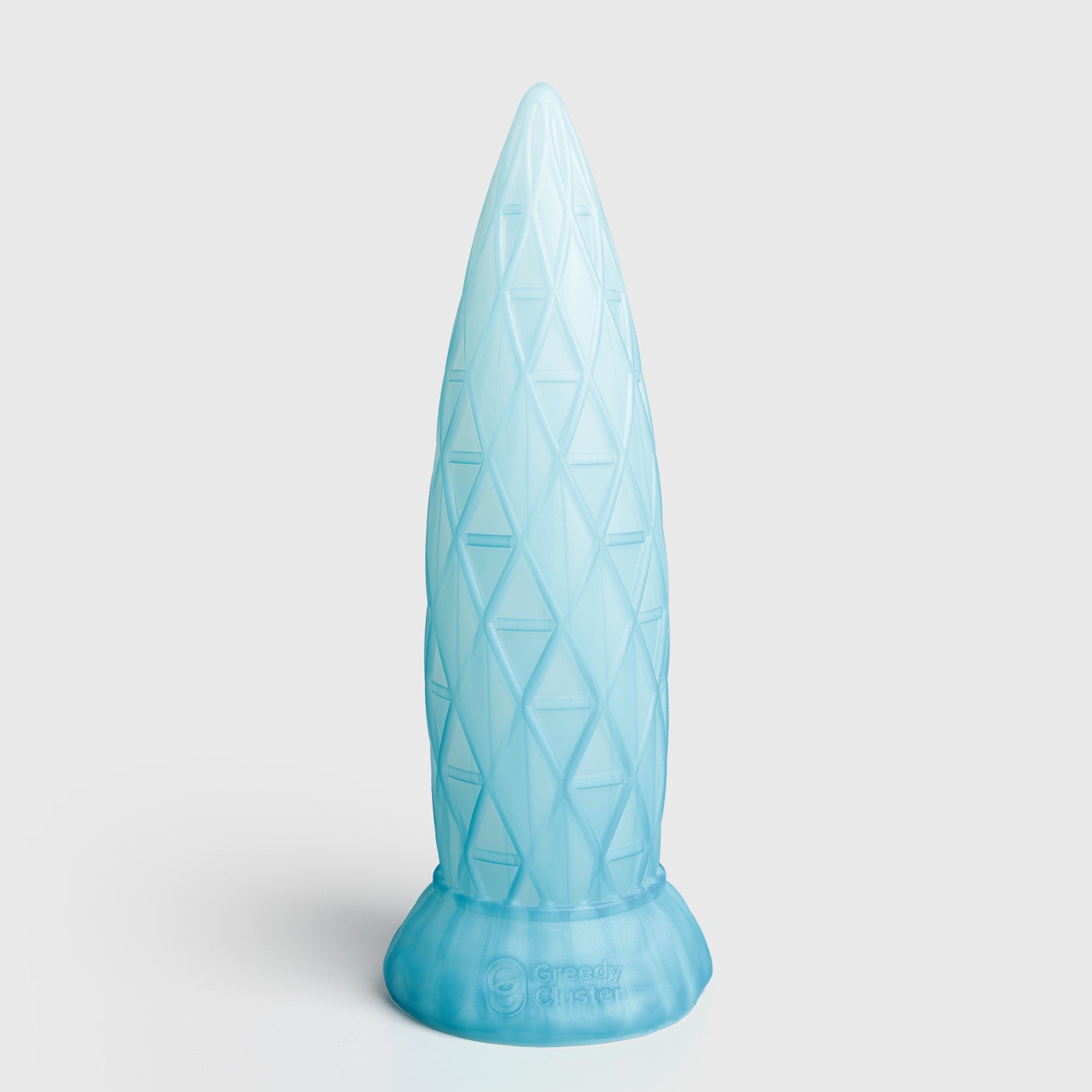 GreedyCluster ASSCRAPER textured silicone dildo in Arctic with geometric diamond lattice