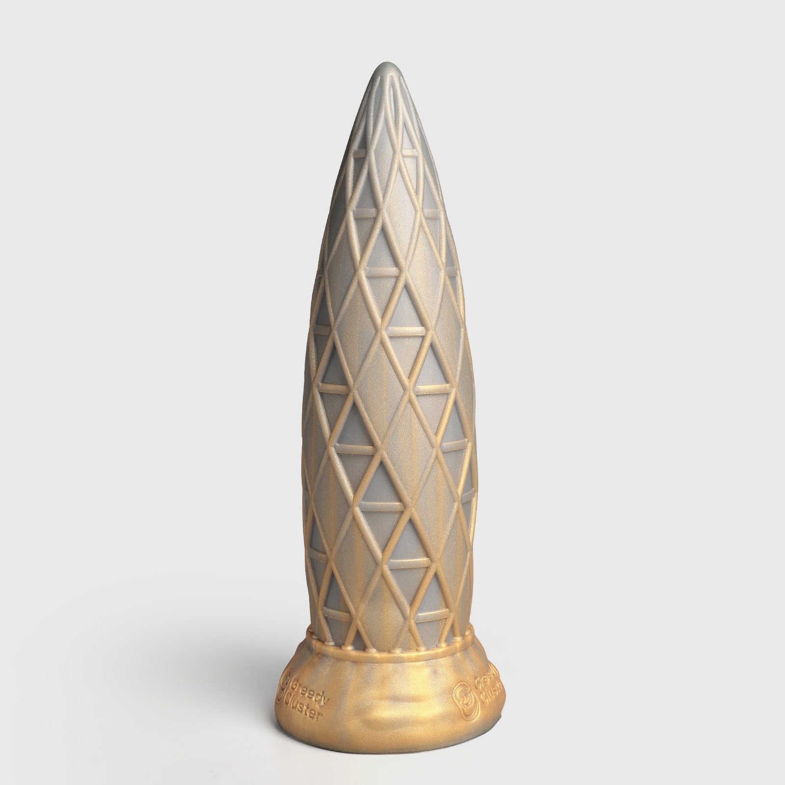 GreedyCluster ASSCRAPER textured silicone dildo in Dirty with geometric diamond lattice