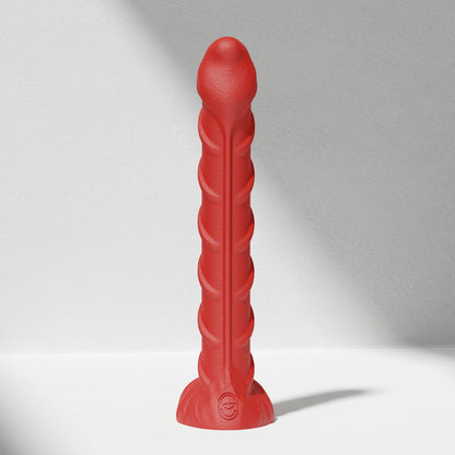 GreedyCluster REBAR DILDO curved steel-wand silicone dildo in Scarlett