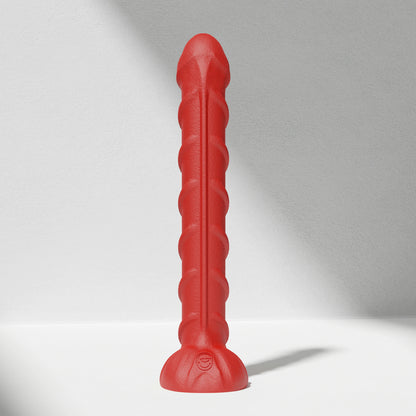 GreedyCluster REBAR DILDO curved steel-wand silicone dildo in Scarlett