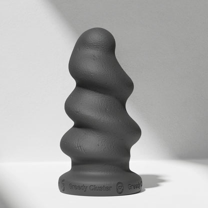 GreedyCluster TORNADO STOPPER spiral silicone butt plug in Charcoal, angled view