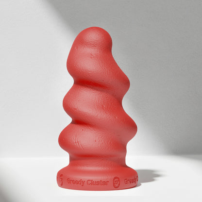 GreedyCluster TORNADO STOPPER spiral silicone butt plug in Scarlett, angled view