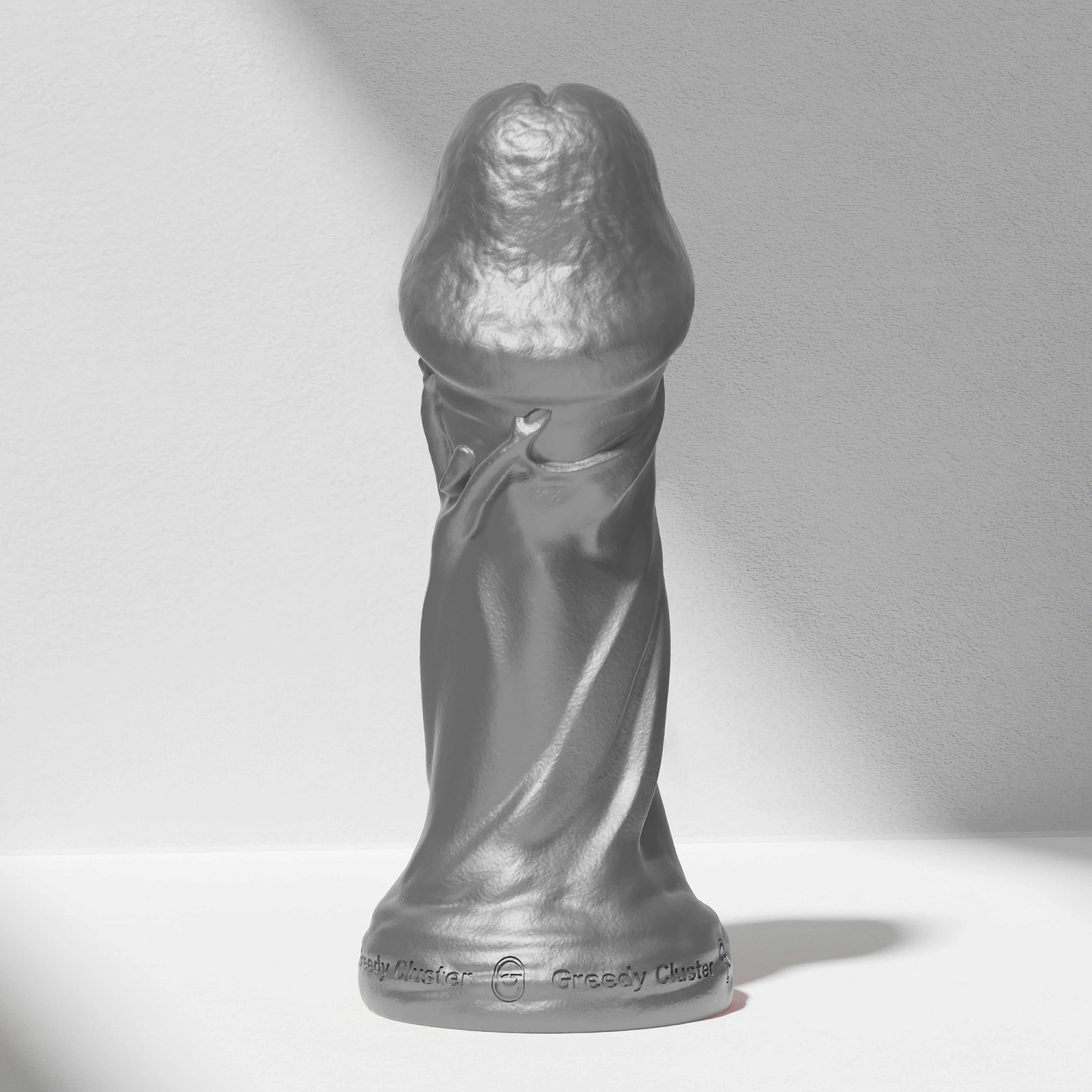 GreedyCluster TROPHY DILDO fantasy silicone dildo, metallic silver sculpted design