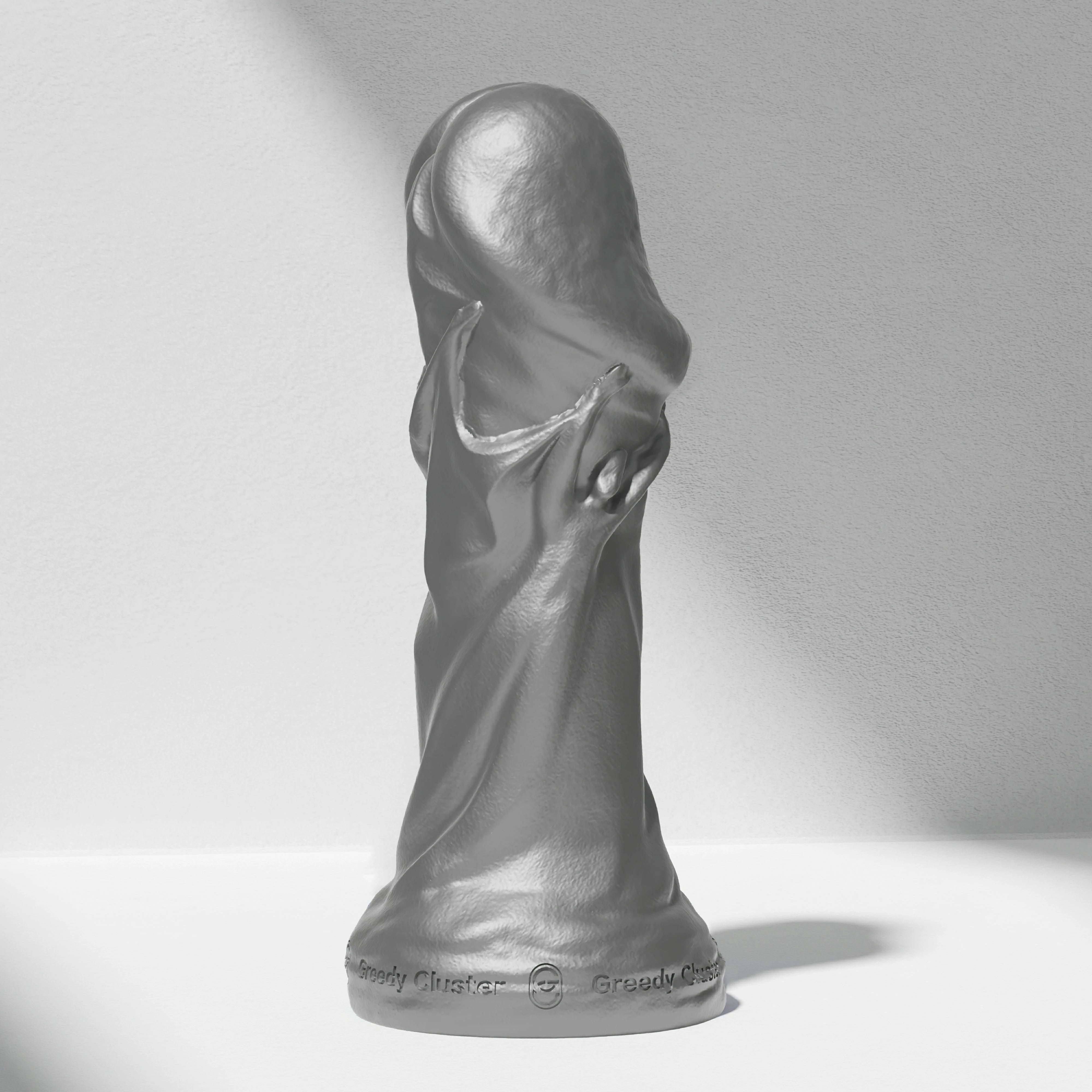 GreedyCluster TROPHY DILDO fantasy silicone dildo, metallic silver sculpted design