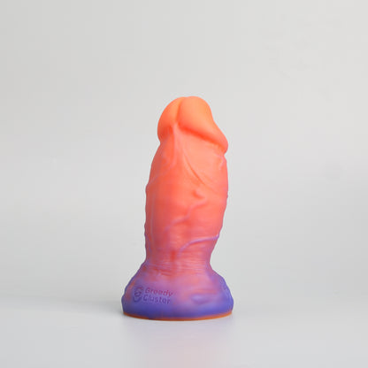 GreedyCluster PHAT thick realistic-feel dildo in blue and orange colorway