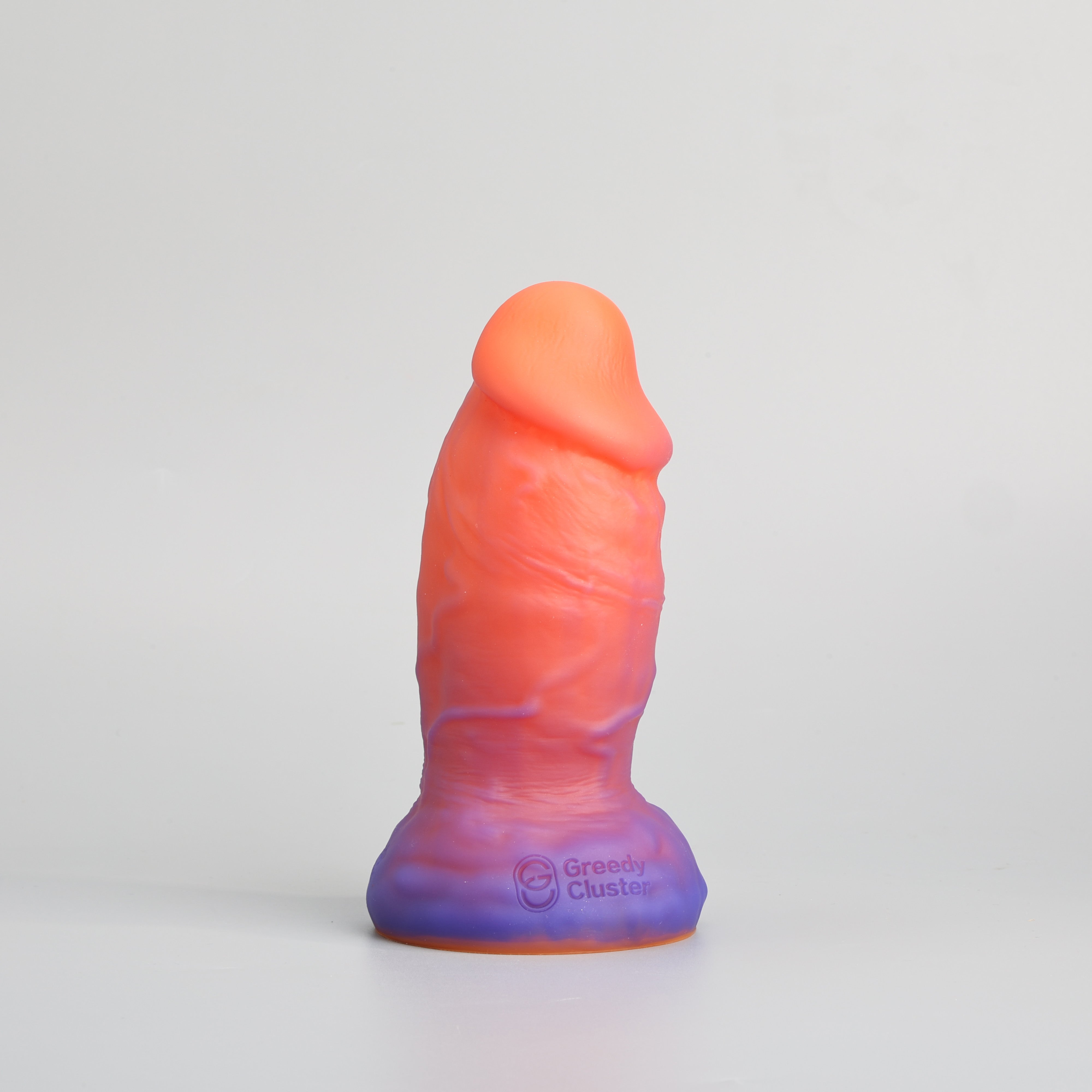 GreedyCluster PHAT thick realistic-feel dildo in blue and orange colorway